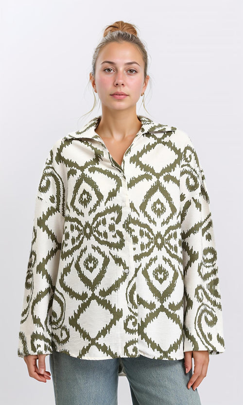 Open V-Neck Patterned Shirt - Dark Olive & Off-White