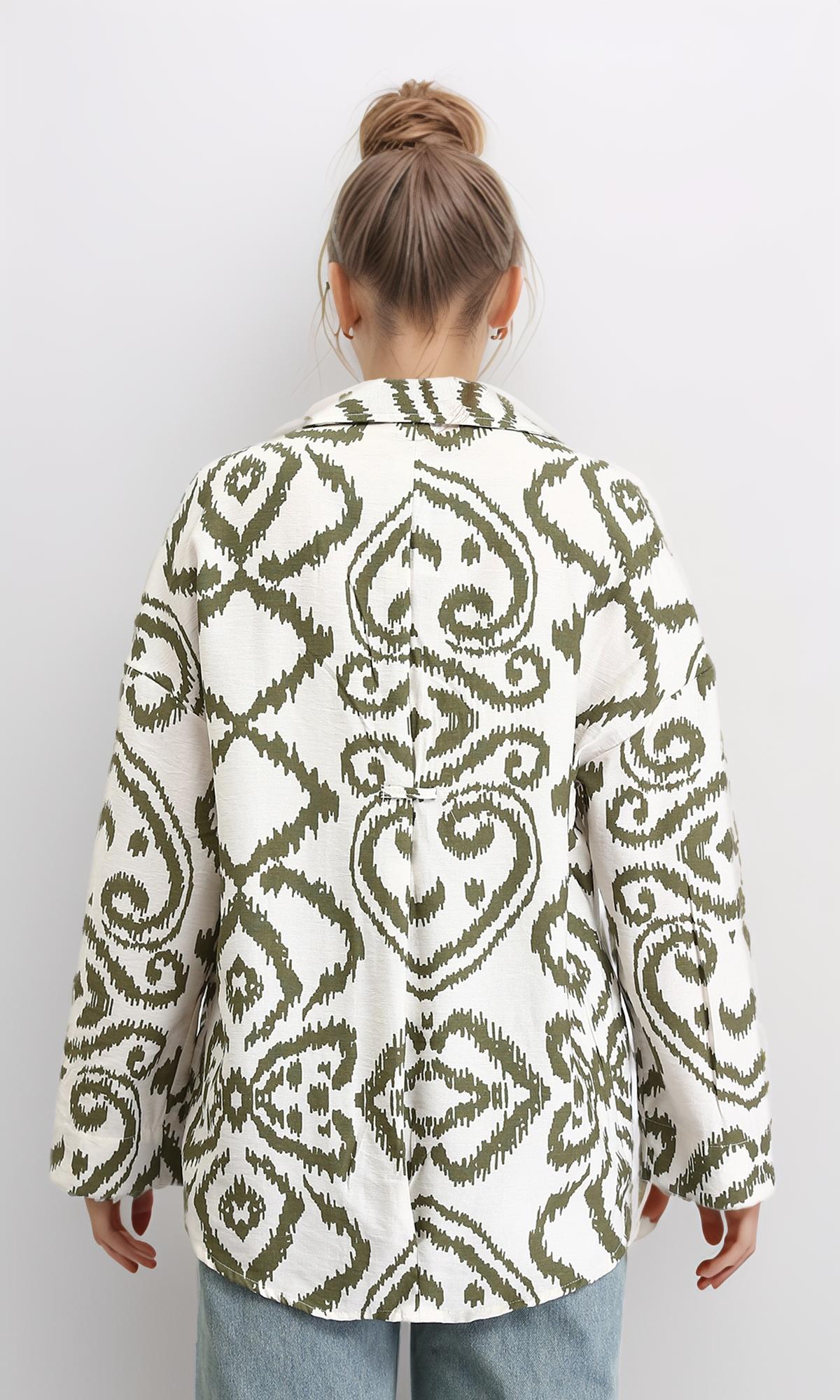 R206507 - Open V-Neck Patterned Shirt - Dark Olive & Off-White