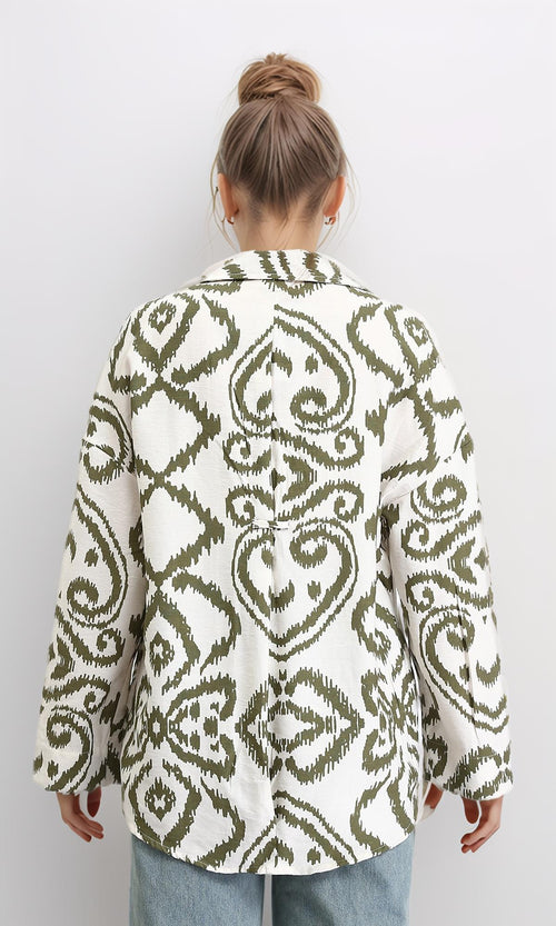 R206507 - Open V-Neck Patterned Shirt - Dark Olive & Off-White
