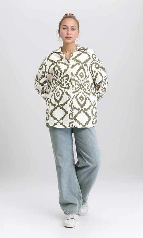 R206507 - Open V-Neck Patterned Shirt - Dark Olive & Off-White
