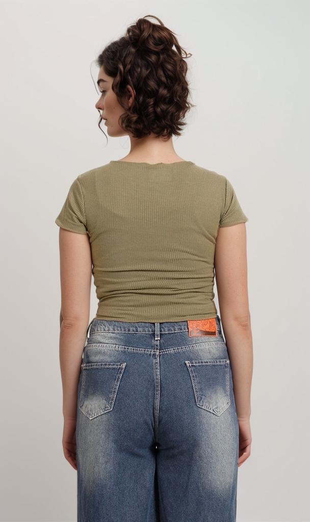 Olive Green Ribbed Lettuce Edge Crop Tee - R206517