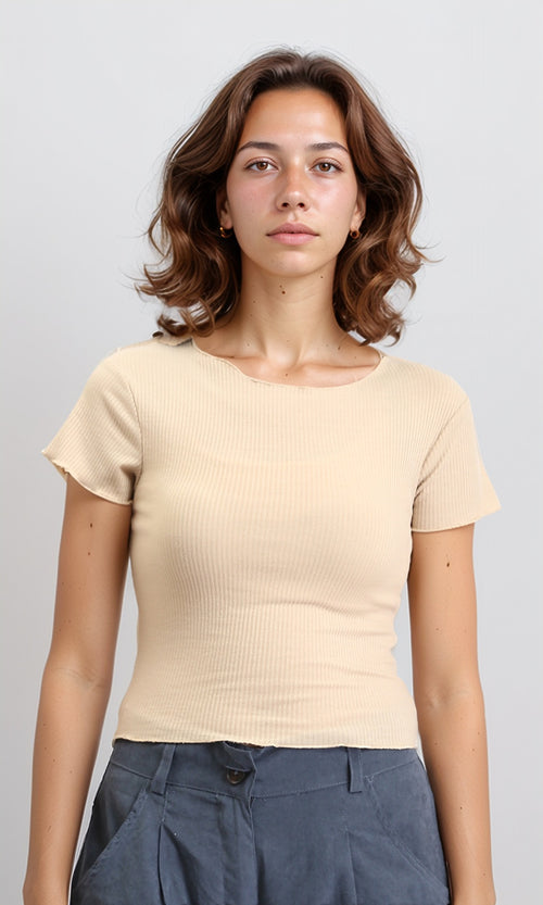 R206519 - Short Sleeves Ribbed Summer Top - Dark Beige