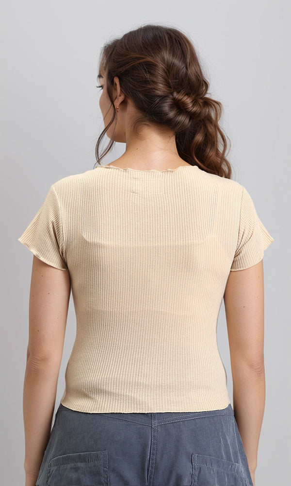 R206519 - Short Sleeves Ribbed Summer Top - Dark Beige