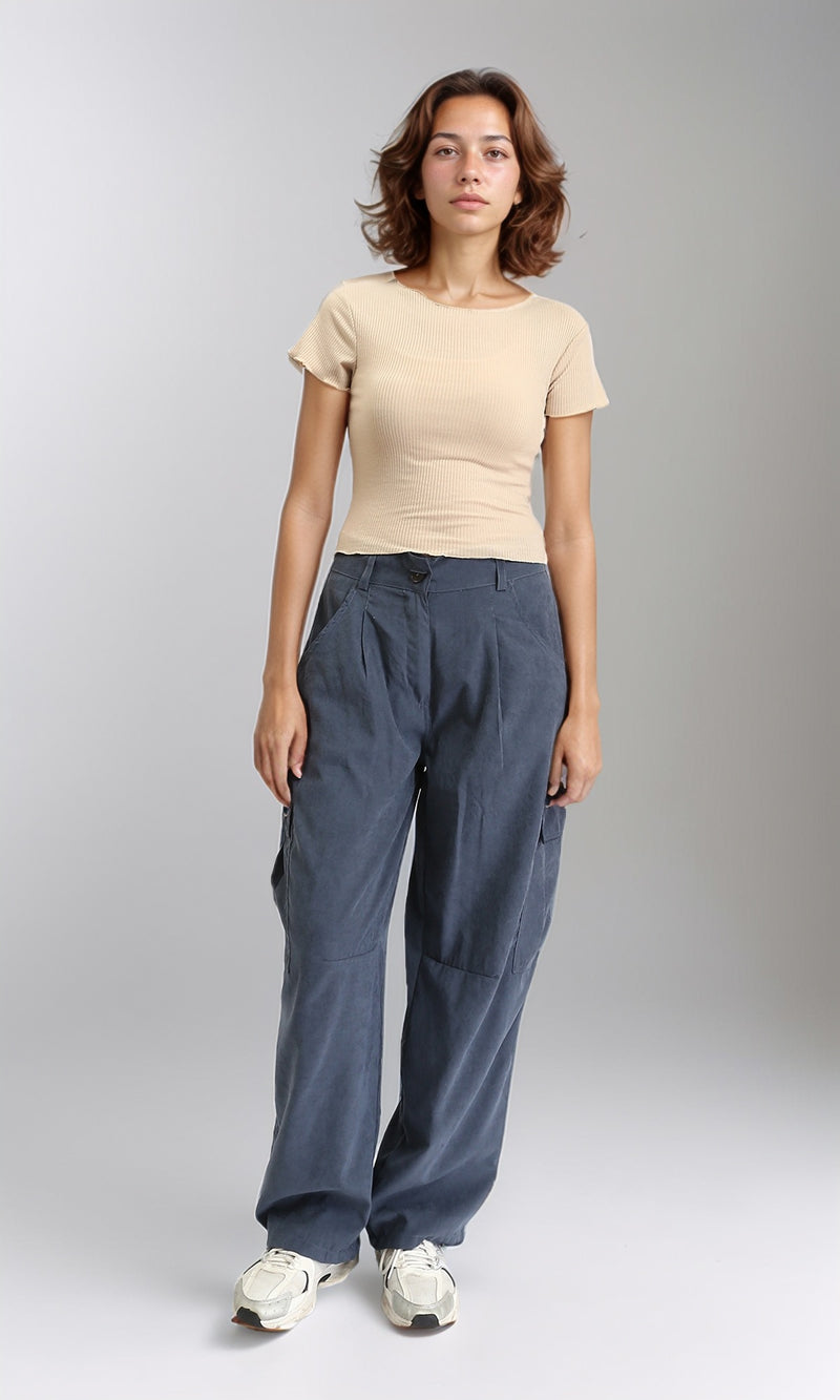 R206519 - Short Sleeves Ribbed Summer Top - Dark Beige