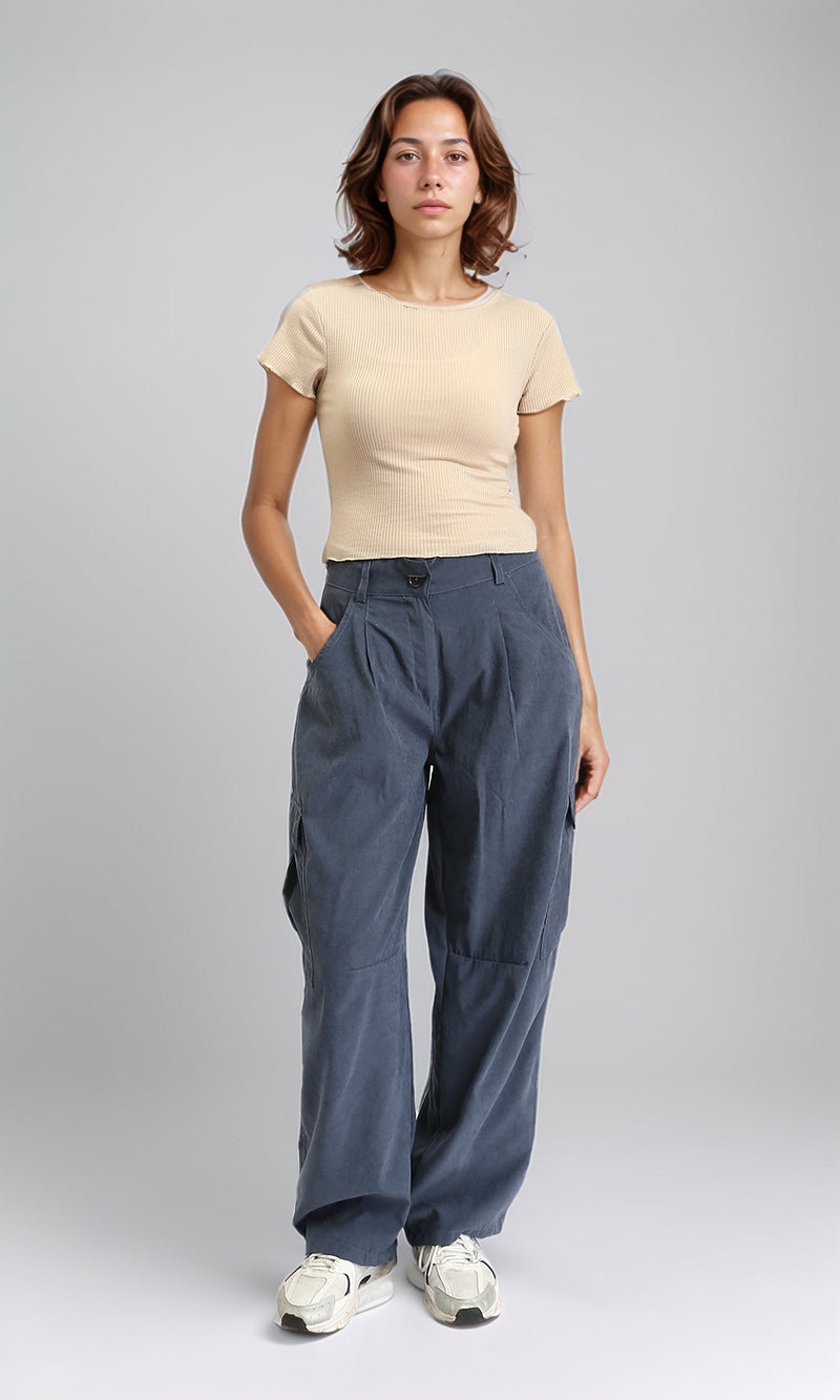 R206519 - Short Sleeves Ribbed Summer Top - Dark Beige