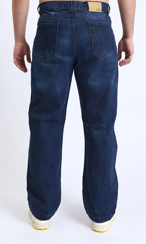 R206527 - Straight Leg Solid Cotton Jeans - Navy Blue