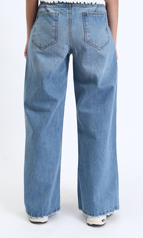 R206528 - Wide Leg Solid Casual Jeans - Light Blue