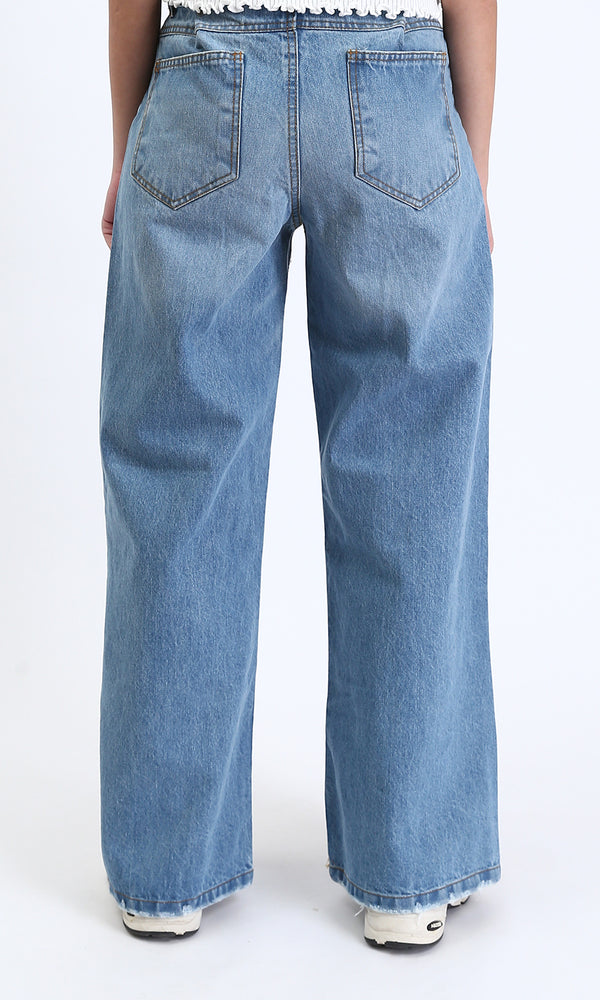 R206528 - Wide Leg Solid Casual Jeans - Light Blue