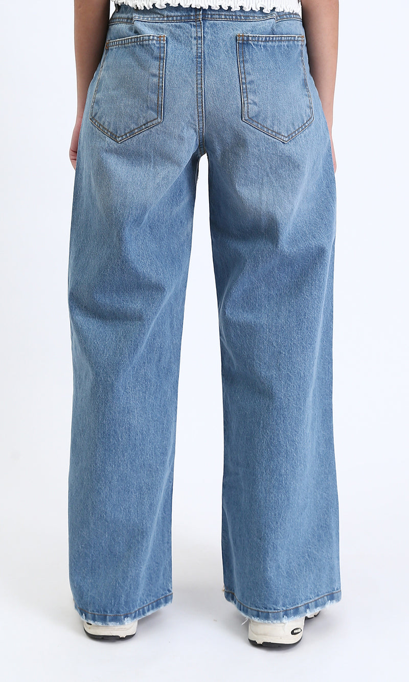 R206528 - Wide Leg Solid Casual Jeans - Light Blue