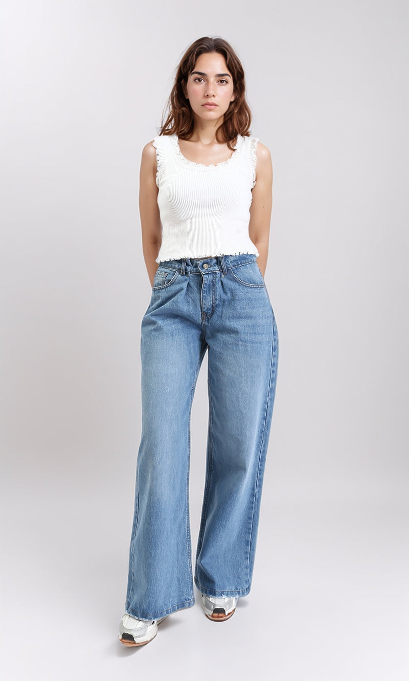 R206528 - Wide Leg Solid Casual Jeans - Light Blue