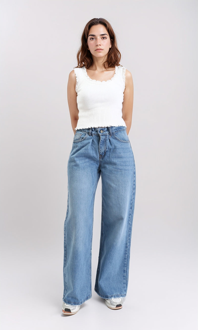 R206528 - Wide Leg Solid Casual Jeans - Light Blue