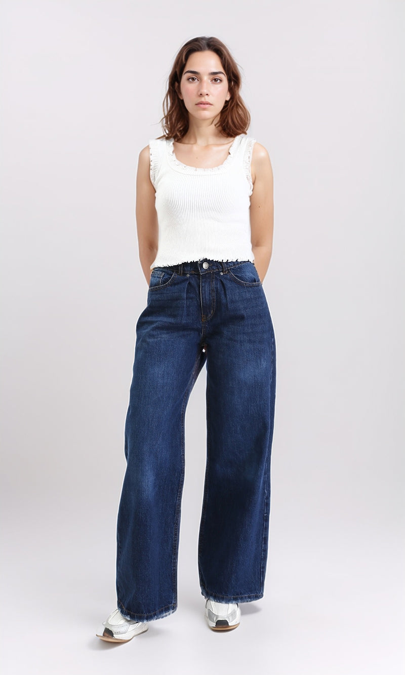 R206529 - Wide Leg Solid Casual Jeans - Navy Blue