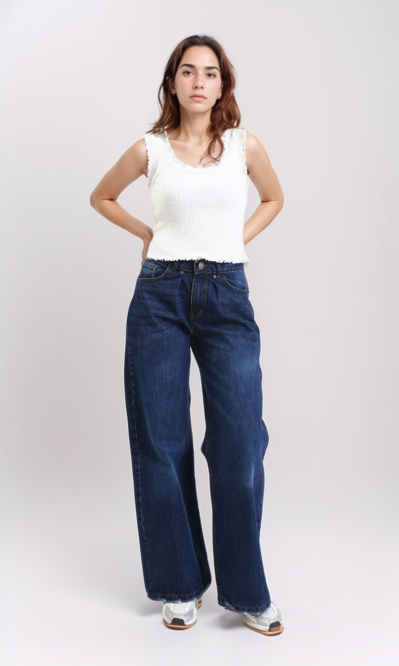R206529 - Wide Leg Solid Casual Jeans - Navy Blue