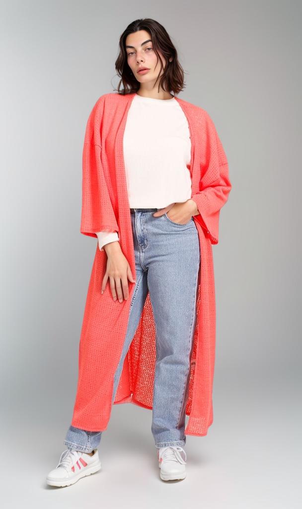 R206557 - Textured Tricot Kimono - Coral Pink
