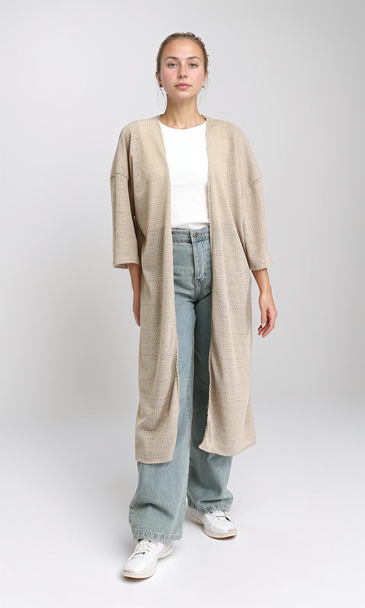 3/4 Sleeves Slip On Long Cardigan - Light Coffee