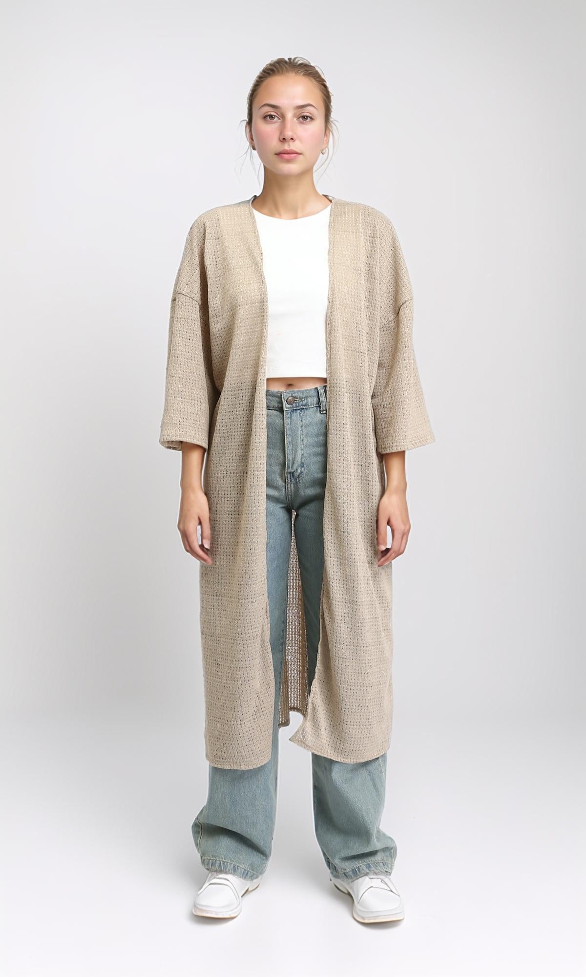 R206561 - 3/4 Sleeves Slip On Long Cardigan - Light Coffee