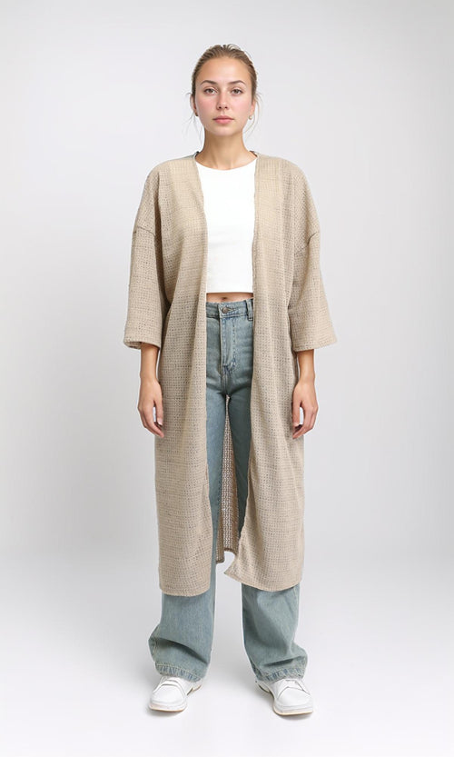 R206561 - 3/4 Sleeves Slip On Long Cardigan - Light Coffee