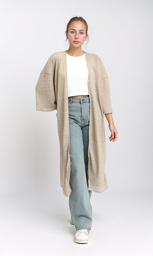 R206561 - 3/4 Sleeves Slip On Long Cardigan - Light Coffee