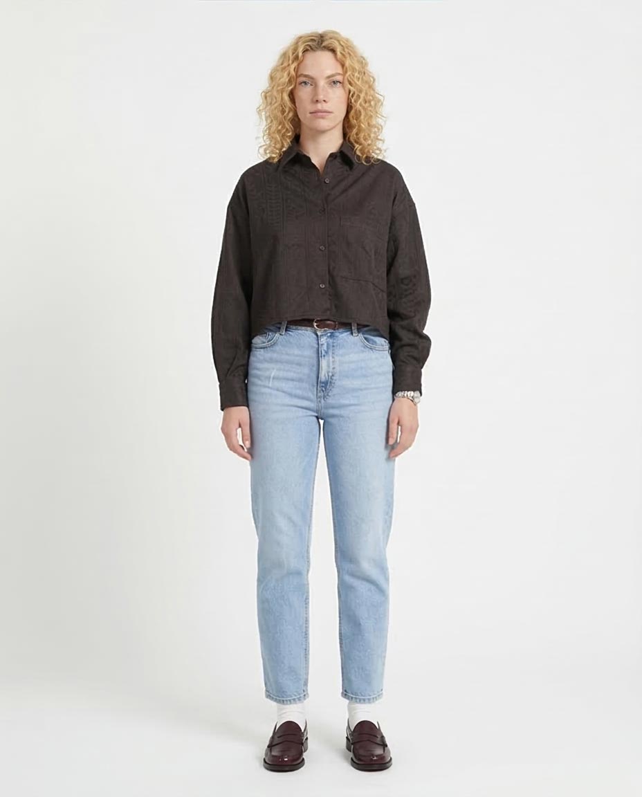 Women's Jacquard Textured Cropped Shirt – Charcoal - R206566