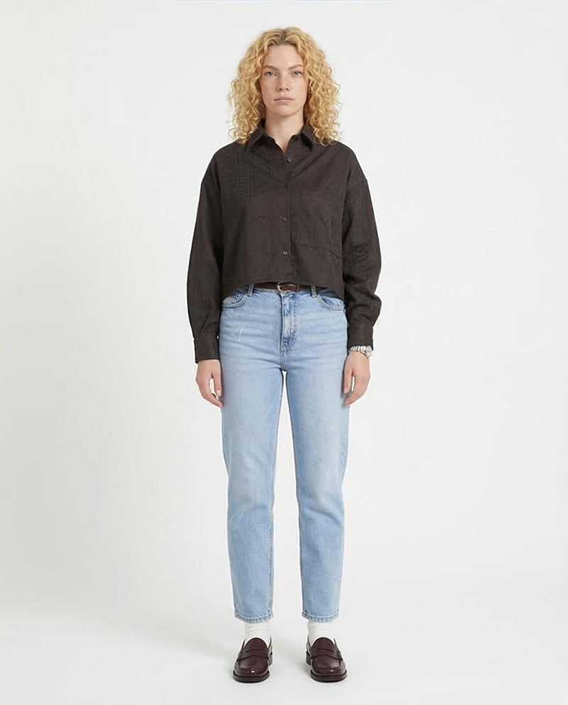 Women's Jacquard Textured Cropped Shirt – Charcoal - R206566