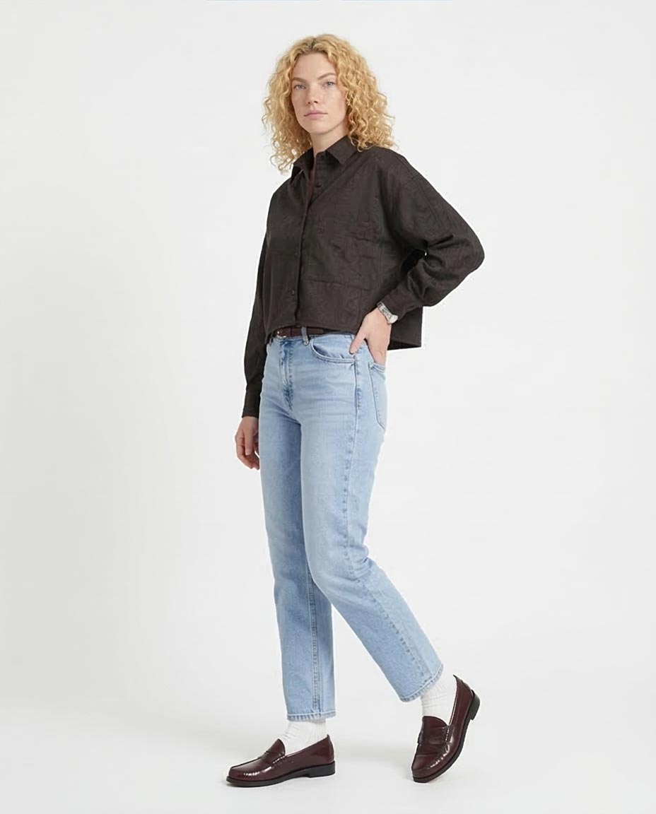 Women's Jacquard Textured Cropped Shirt – Charcoal - R206566