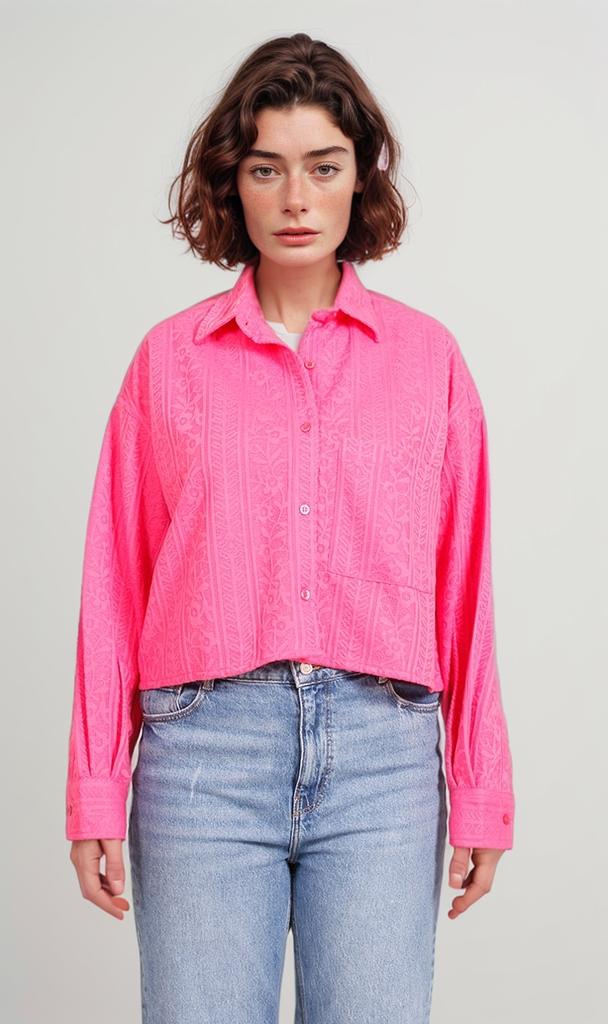 R206567-R206567 - Textured Cropped Shirt - Pink