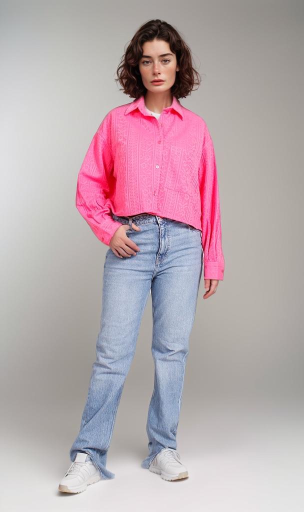 R206567-R206567 - Textured Cropped Shirt - Pink