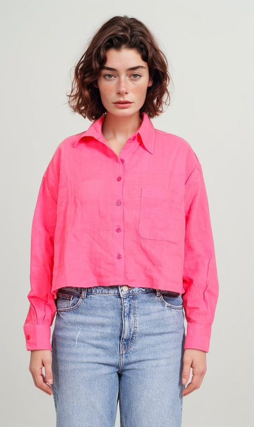 R206572-R206572 - Cropped Button-Up Shirt - Hot Pink