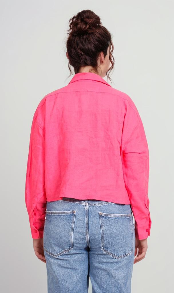 R206572-R206572 - Cropped Button-Up Shirt - Hot Pink