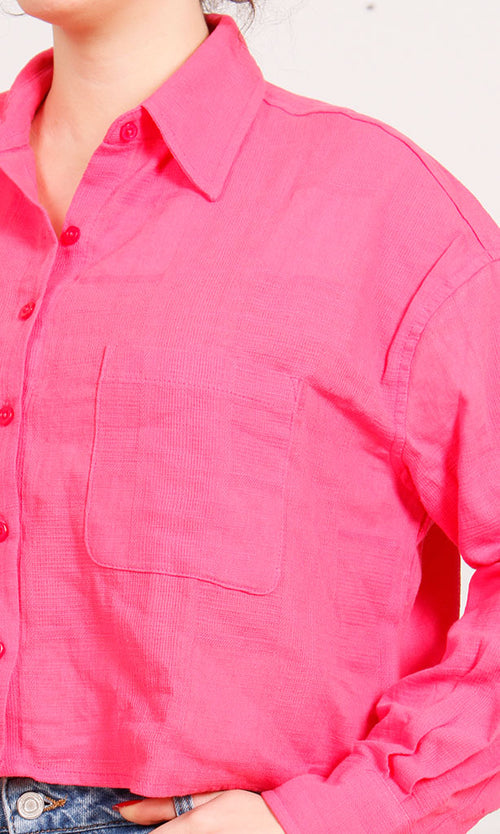 R206572-R206572 - Cropped Button-Up Shirt - Hot Pink