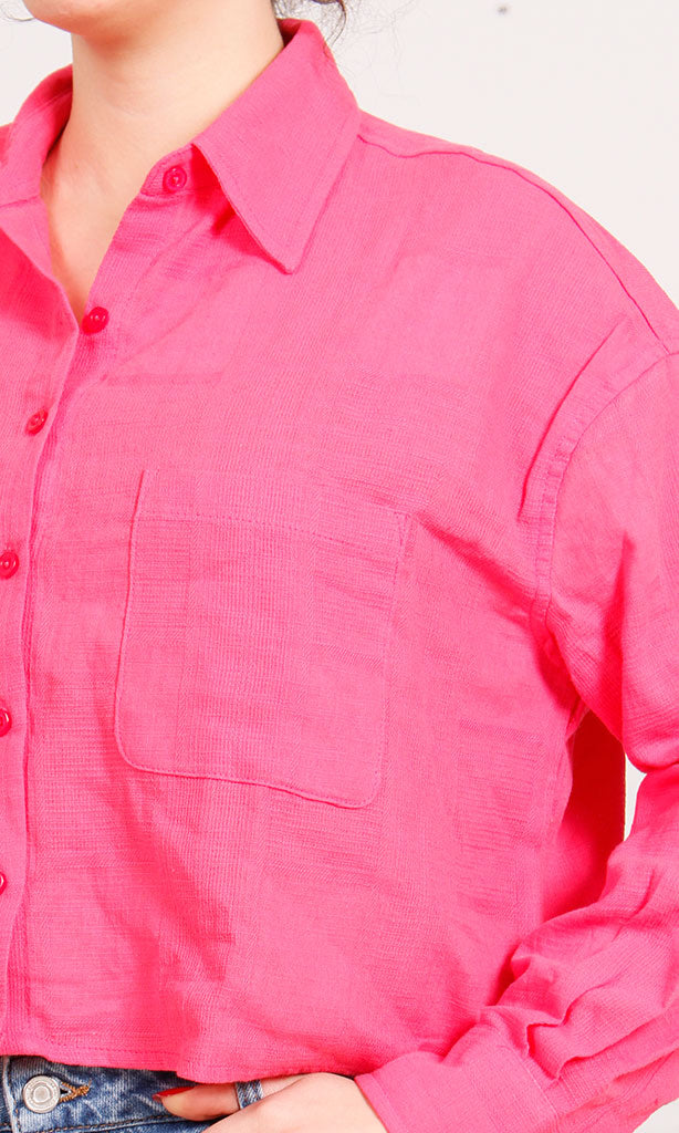 R206572-R206572 - Cropped Button-Up Shirt - Hot Pink