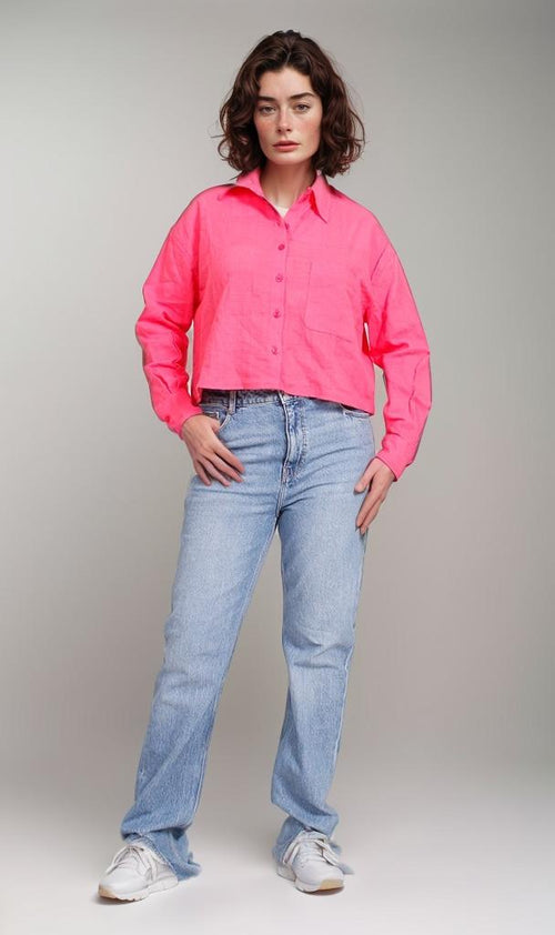 R206572-R206572 - Cropped Button-Up Shirt - Hot Pink
