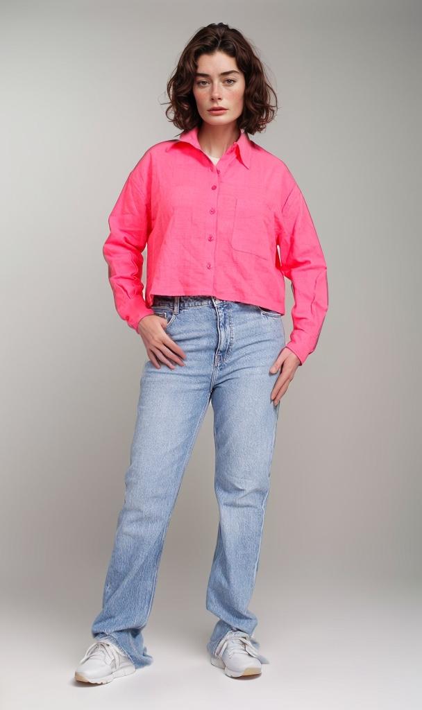R206572-R206572 - Cropped Button-Up Shirt - Hot Pink