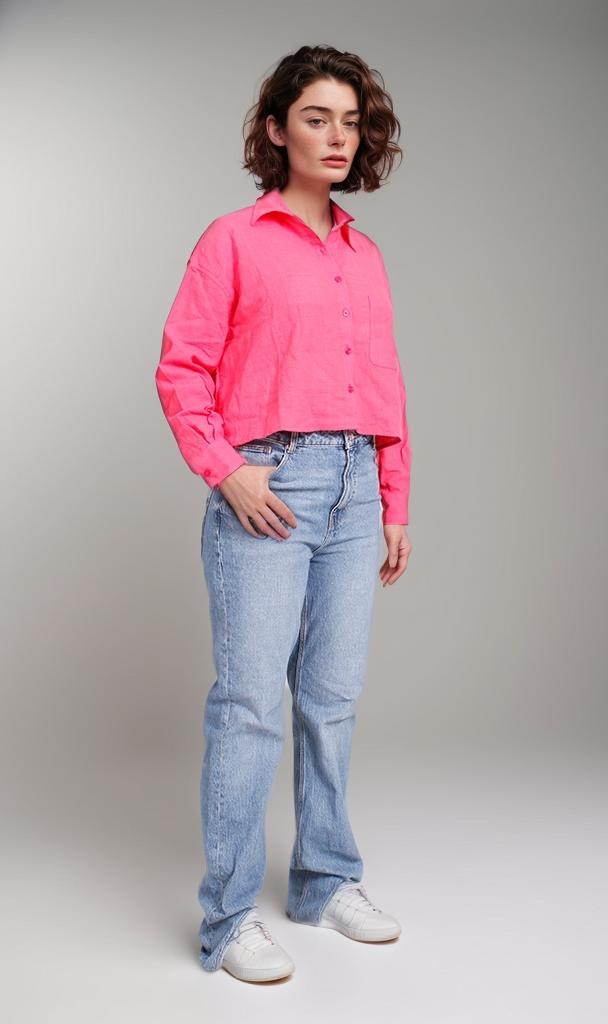R206572-R206572 - Cropped Button-Up Shirt - Hot Pink