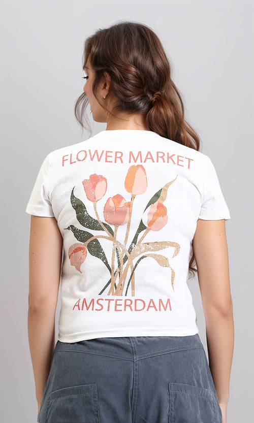 R206574 - Short Sleeves Printed Crew Neck Tee - White