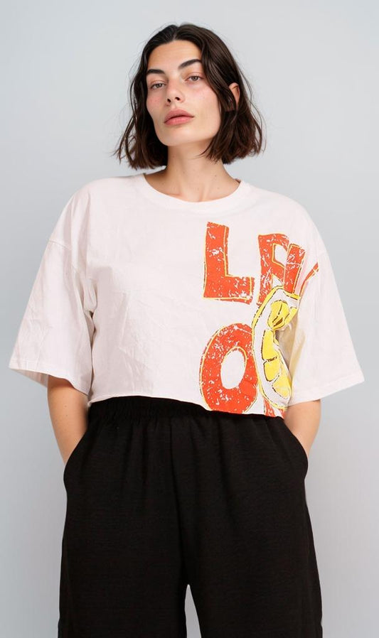 R206581 - Graphic Printed Cropped T-Shirt - White