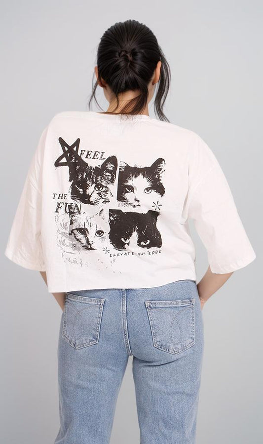 R206583 - Graphic Printed Cropped T-Shirt - White