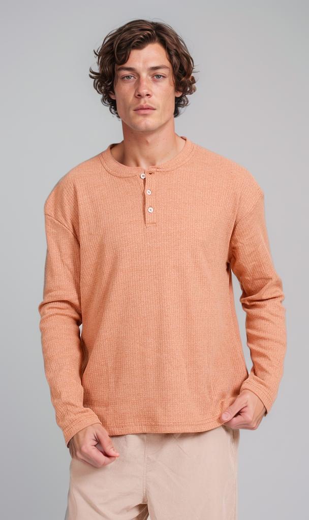 Ribbed Henley Long-Sleeve Shirt - Peach