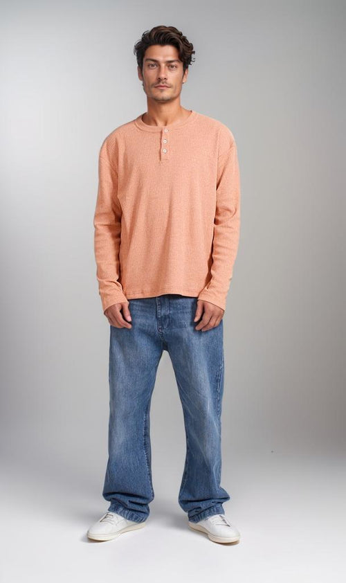 R206727 - Ribbed Henley Long-Sleeve Shirt - Peach