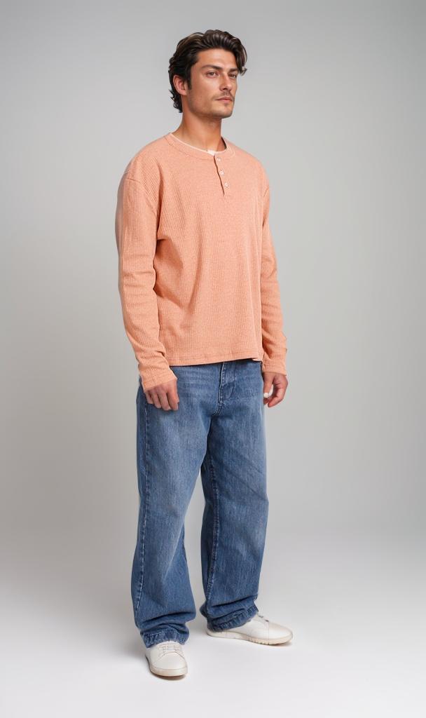 R206727 - Ribbed Henley Long-Sleeve Shirt - Peach