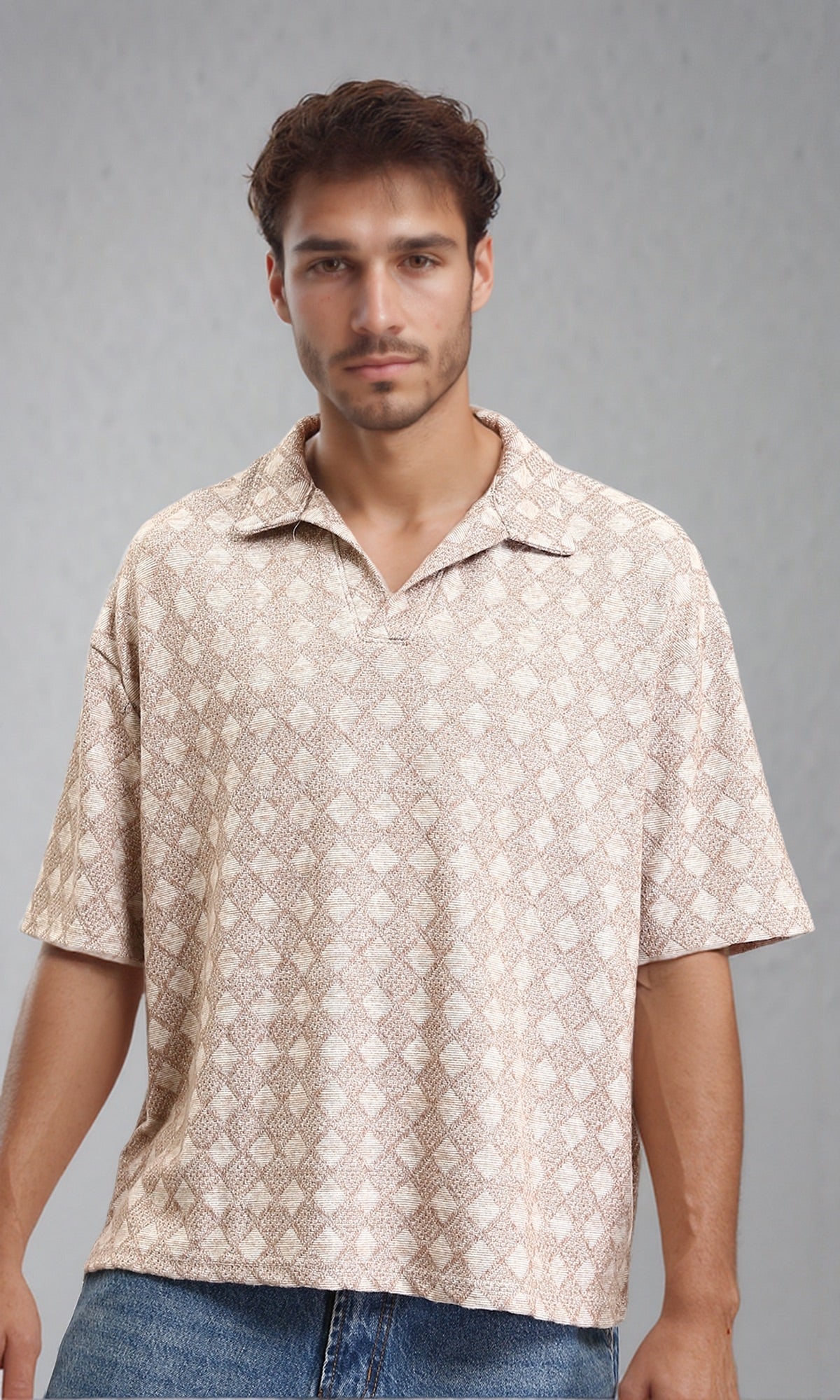 Casual Patterned Slip On Polo Shirt - Dark Beige