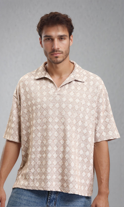 Casual Patterned Slip On Polo Shirt - Dark Beige