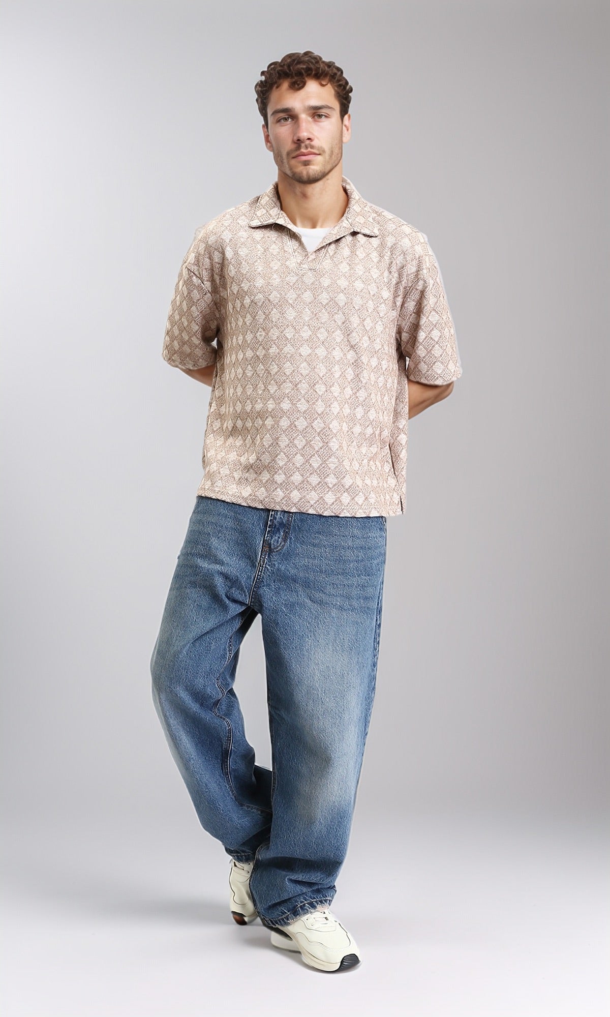 R206730 - Casual Patterned Slip On Polo Shirt - Dark Beige