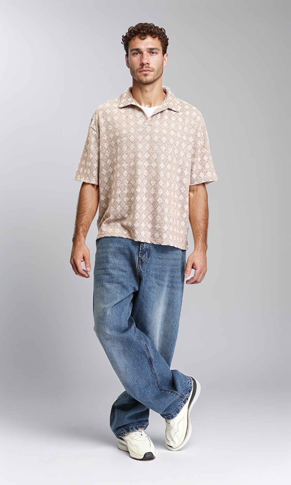 R206730 - Casual Patterned Slip On Polo Shirt - Dark Beige