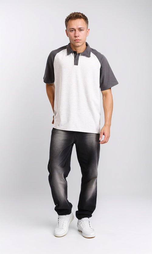 R206732 - Bi-Tone Relaxed Fit Polo Shirt - Dark Grey & White