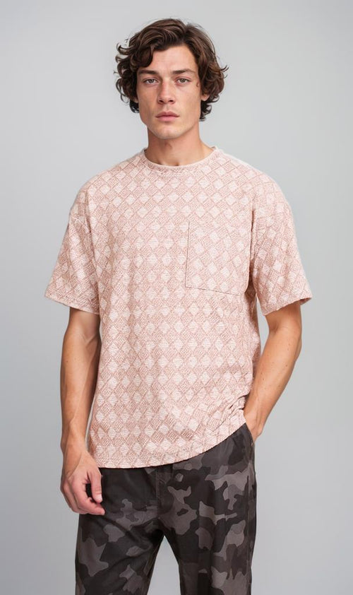 Jacquard Patterned Oversized T-Shirt - Beige