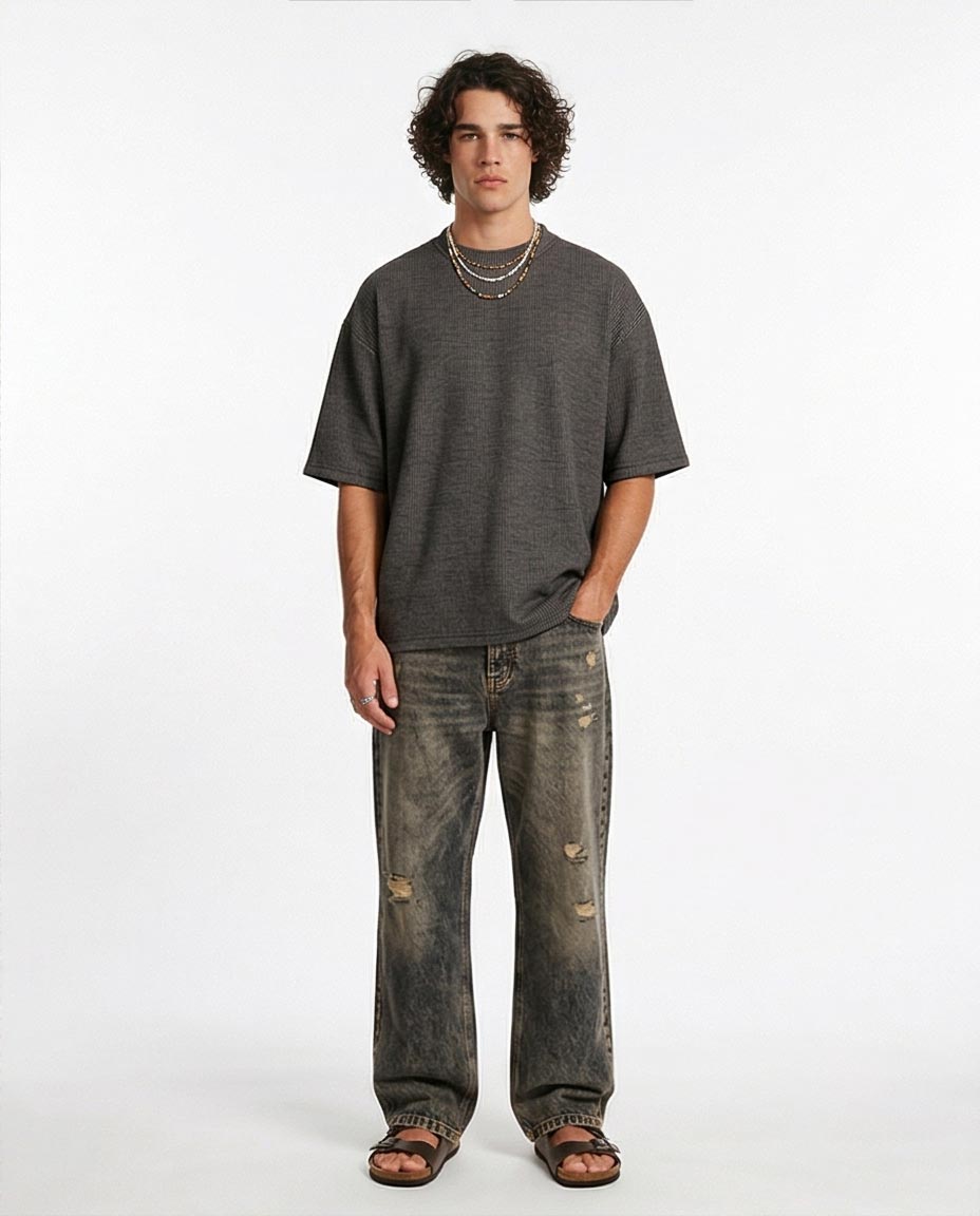 Ravin Oversized Micro-Grid Waffle T-Shirt - Grey - R206740