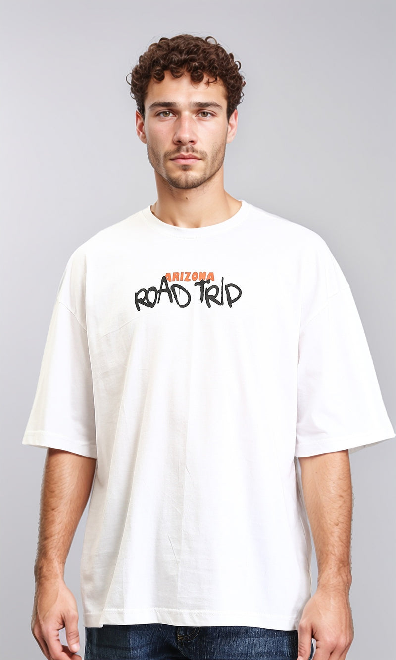 R206748 - "Road Trip" Printed Elbow Sleeves Tee - White
