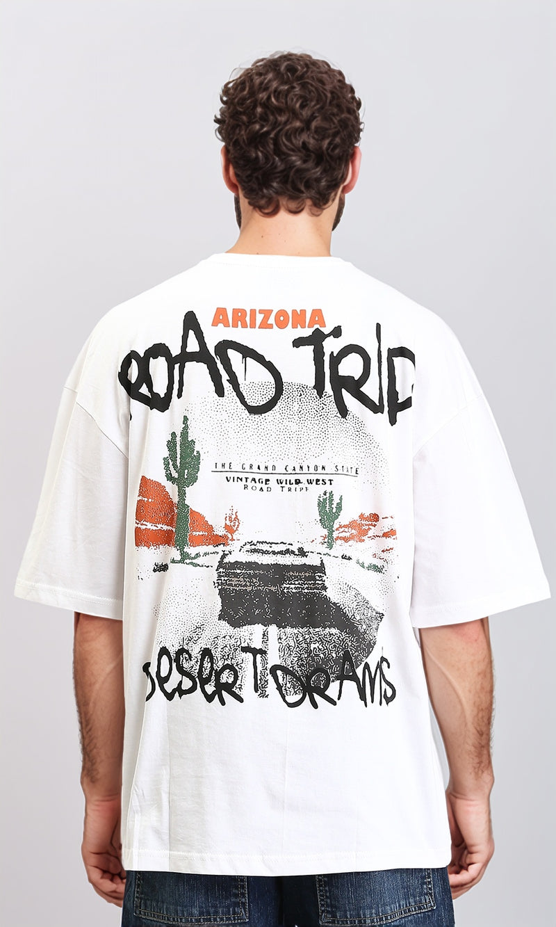 R206748 - "Road Trip" Printed Elbow Sleeves Tee - White