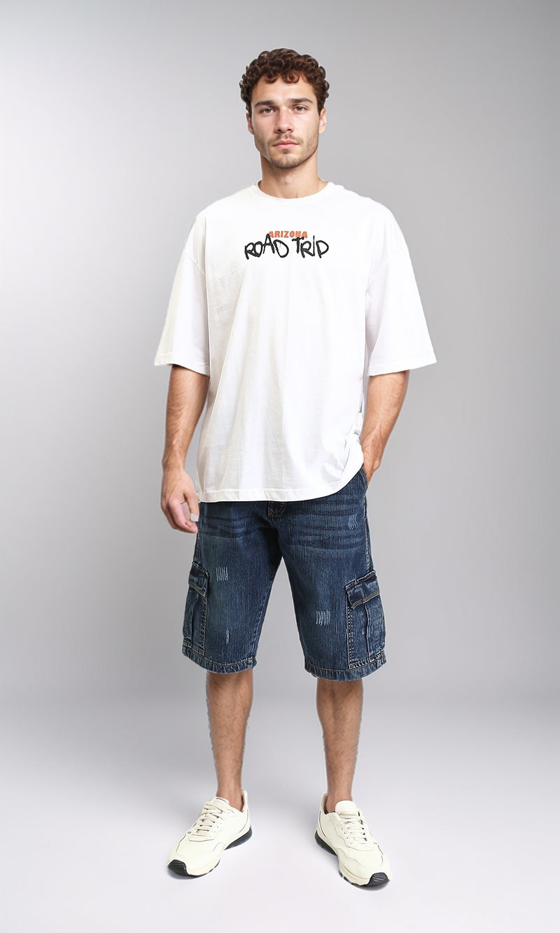 R206748 - "Road Trip" Printed Elbow Sleeves Tee - White